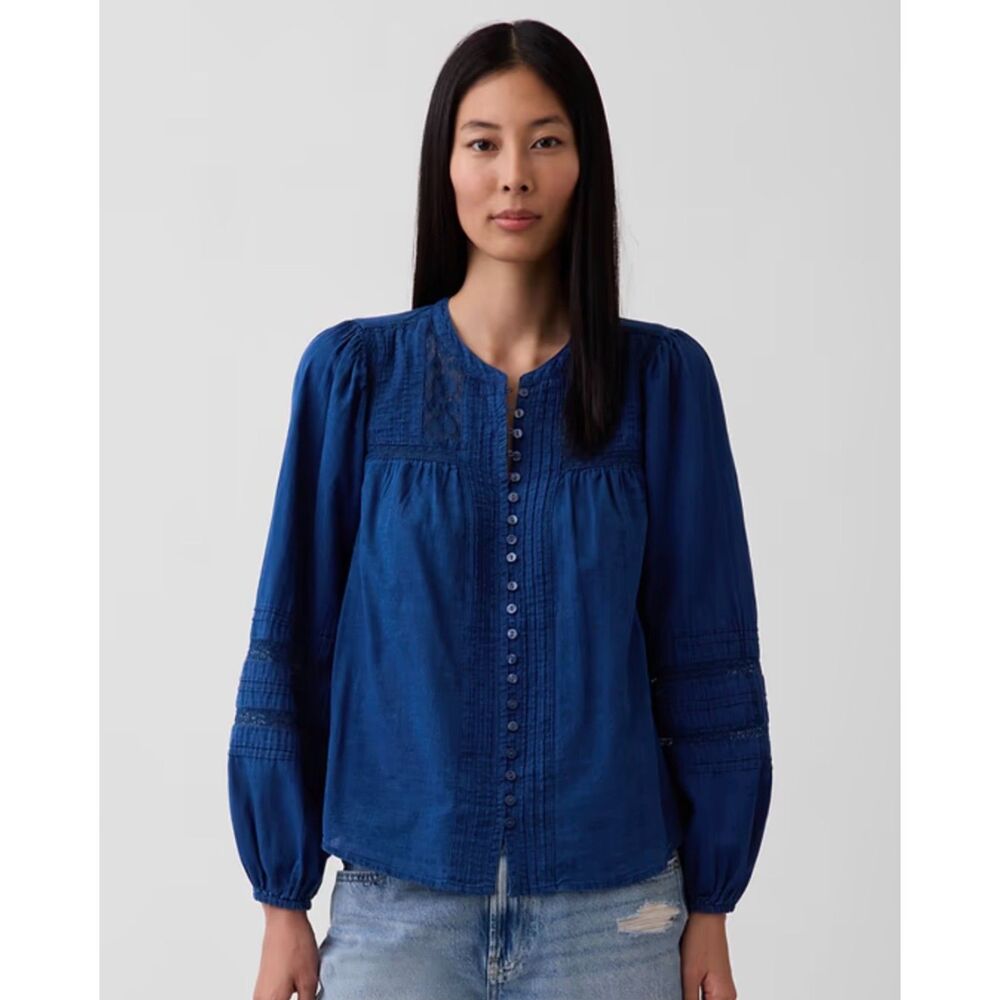 NWOT Gap Lace-Trim Pintuck Top navy lace flowy blouse 100% cotton medium doen - Picture 3 of 7